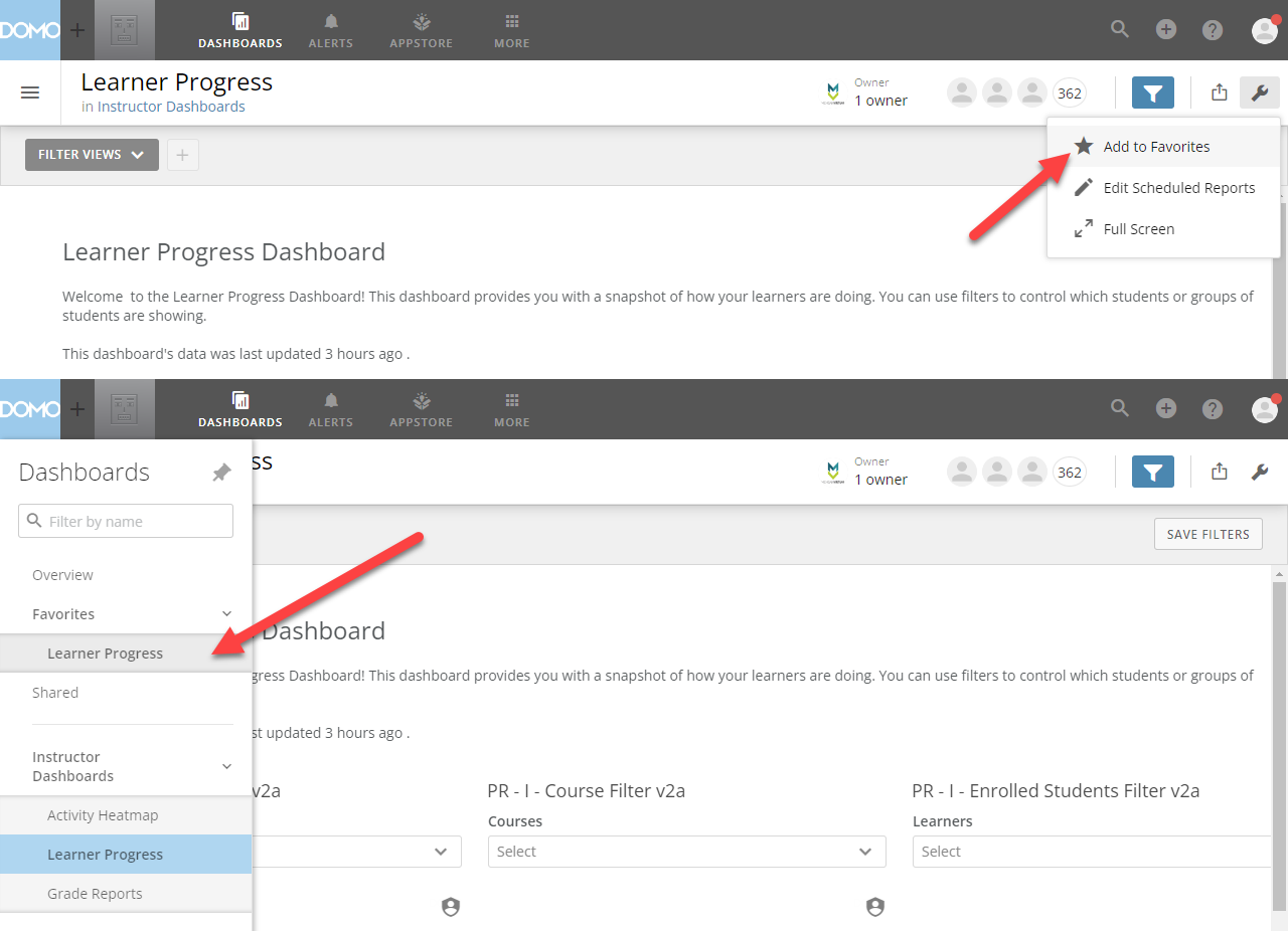 The Card options menu is expanded and arrows point to the icon and to the Add to Favorites option. Another arrow points to the Dashboard now displayed under favorites in the menu.