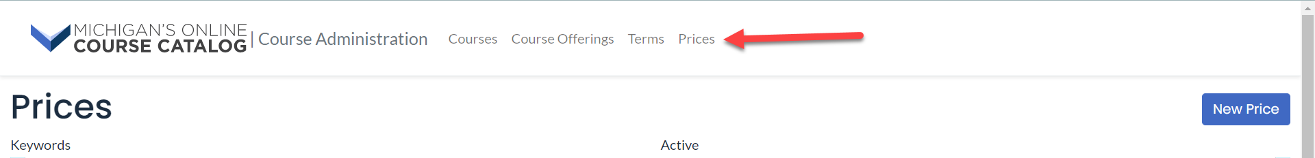 The prices page is shown with results displaying price names, fees and descriptions. An arrow points to the Prices option in the top menu.