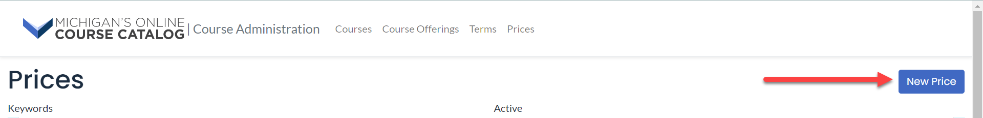 The Prices page is shown with an arrow pointing to the New Price button on the right side of the page.