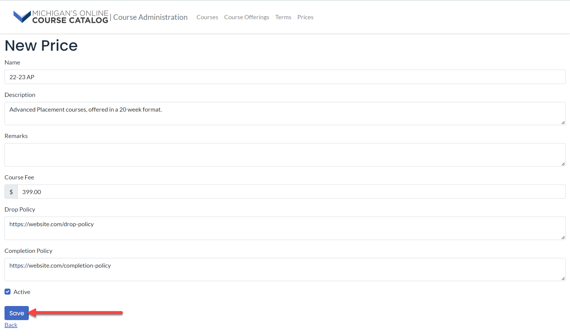 The New Price page is shown with the fields mentioned above. An arrow points to the Save button.