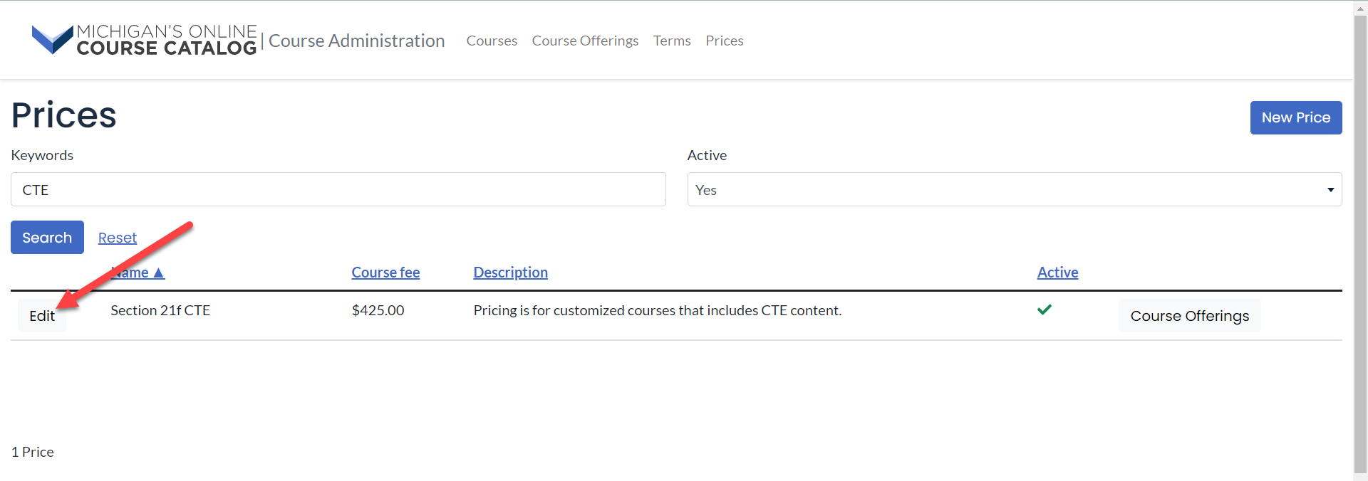 The Prices page is shown with an arrow pointing to the Edit button next to the price name.