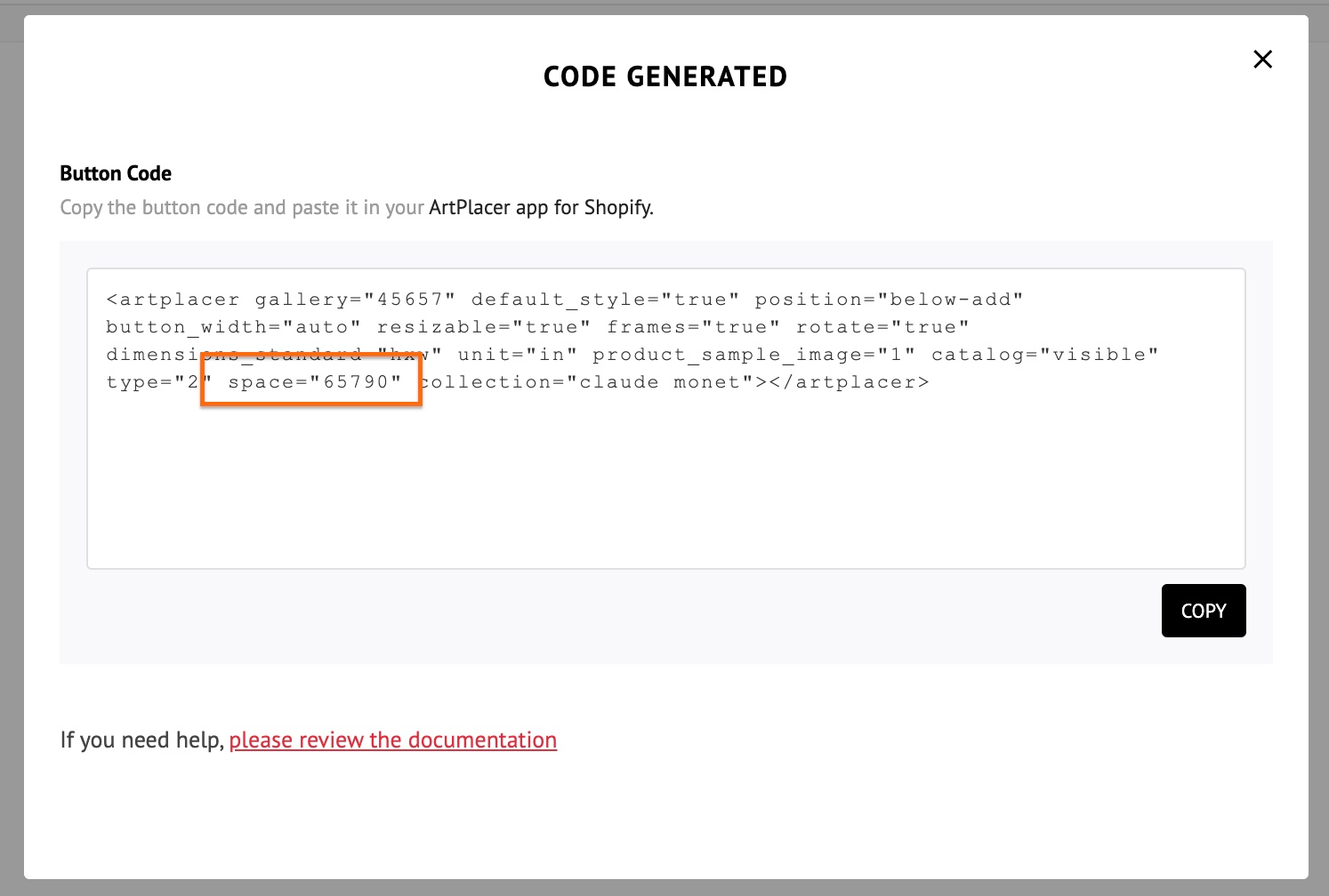The Button Code popup, highlighting the space attribute and the ID in the code snippet.