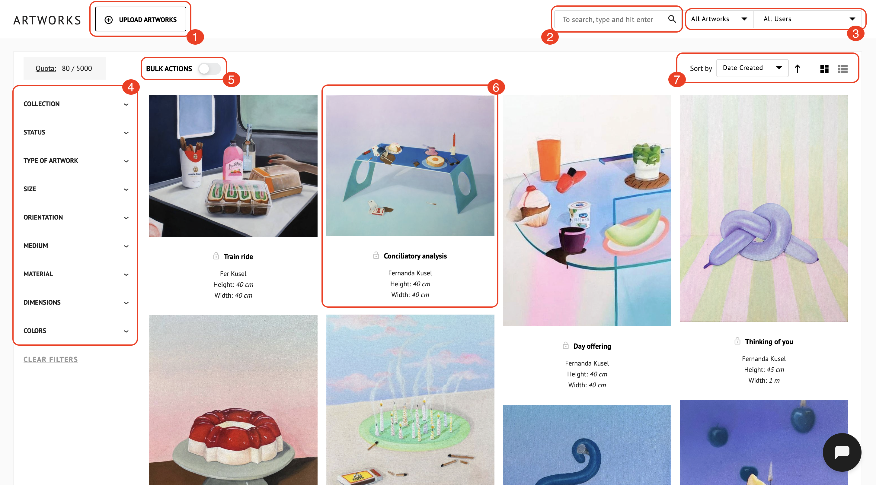 The Artworks section, highlighting the UPLOAD ARTWORKS button, the search bar, the filter dropdowns, the filter panel, the BULK ACTIONS toggle, an artwork thumbnail, and the Sort by dropdown.
