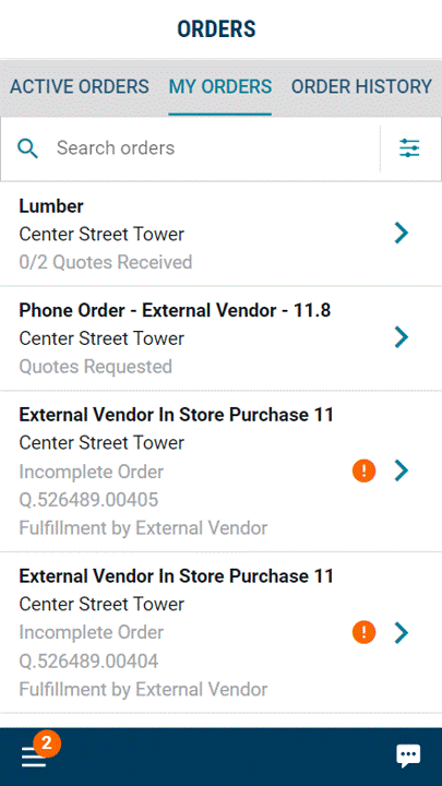 An animated GIF of the mobile app Order's page. The filter options are opened, and the On Order status option is selected from the Order Status drop-down menu. Once applied, only POs that are On Order are displayed.