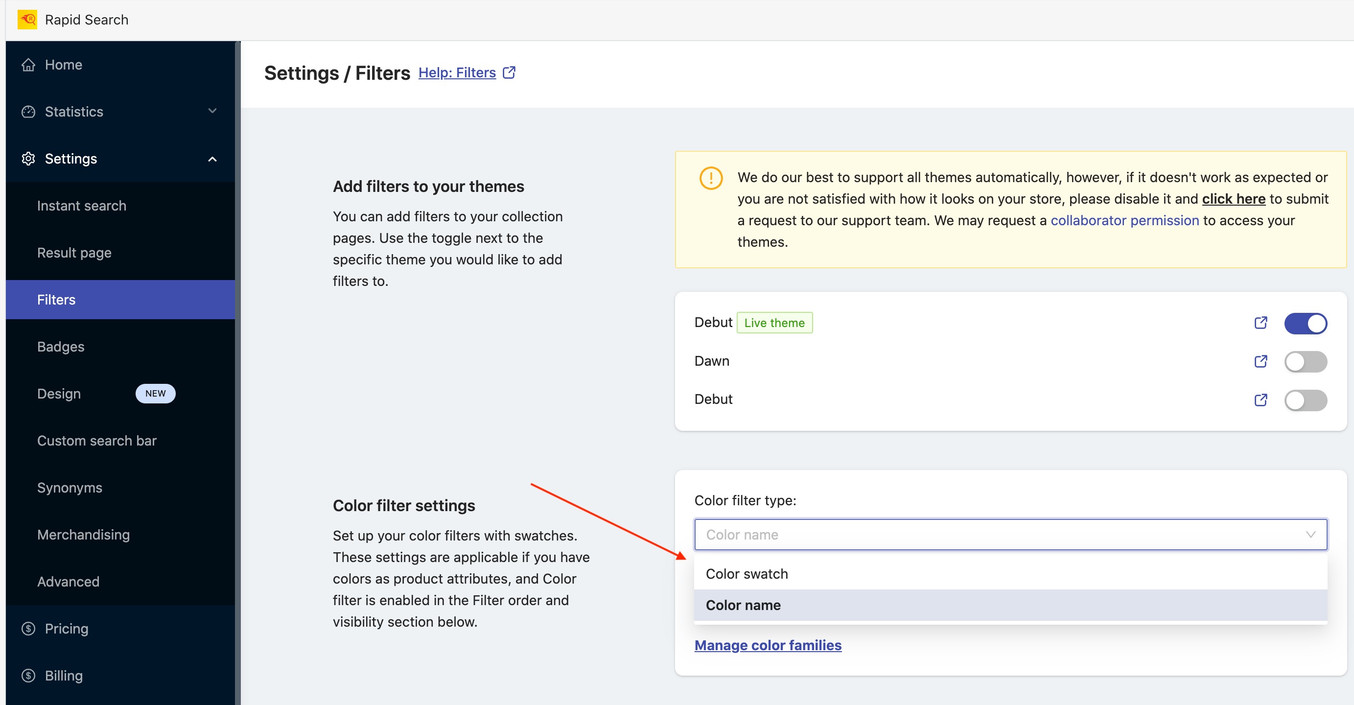 Color filters settings Rapid Search