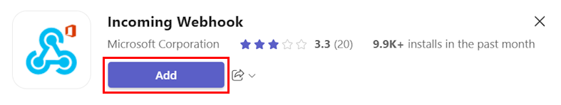 A captura de tela mostra a opção Adicionar na caixa de diálogo Webhook de entrada.