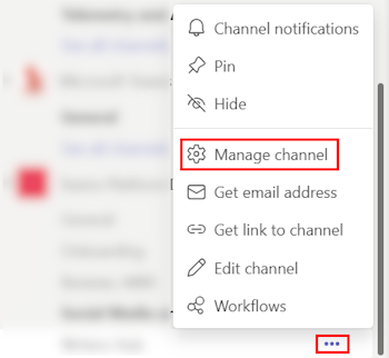 A captura de tela mostra a opção Gerenciar canal em Mais opções para o Teams 2.1.
