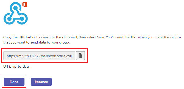 A captura de tela mostra a URL de webhook exclusiva.