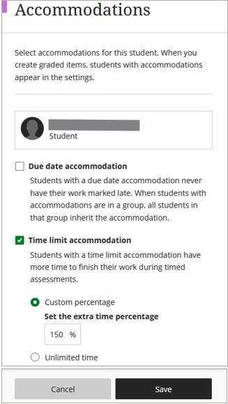 A screenshot showing how the accommodations menu with additional time applied