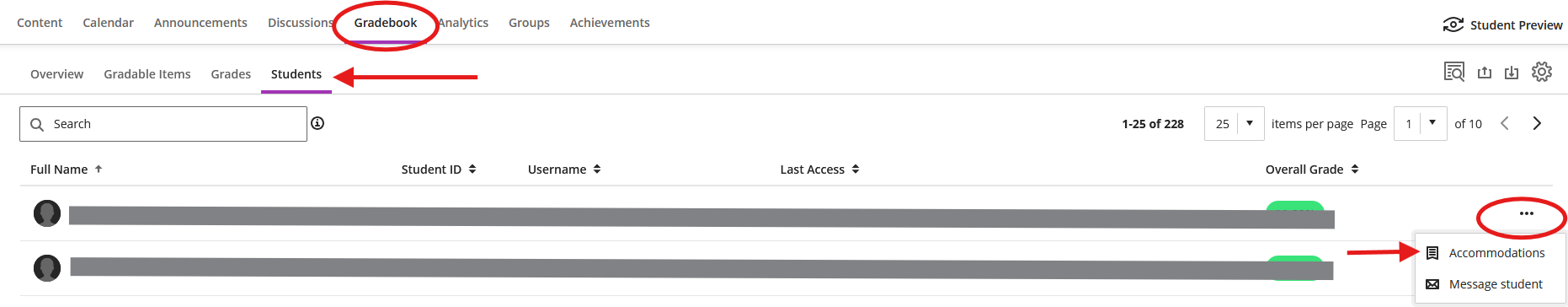 A screenshot of Blackboard Gradebook with the accommodations menu shown.