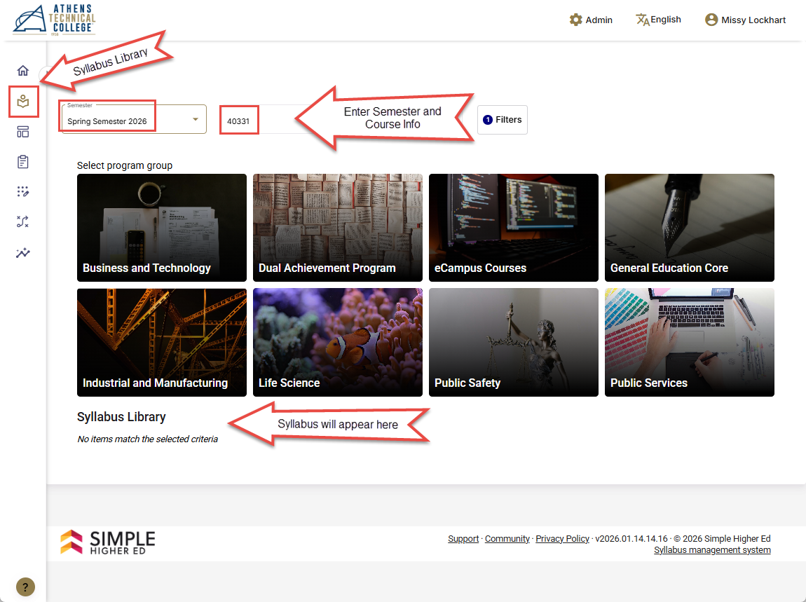 A screenshot of Simple Syllabus dashboard from the OKTA Single Sign On (SSO).