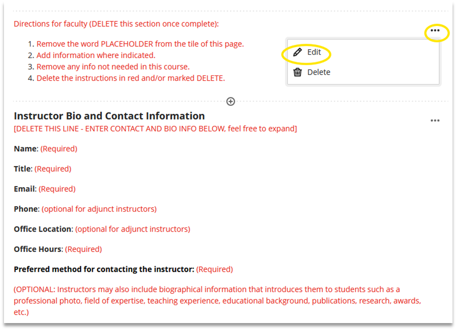 Screenshot showing how to edit information in the Blackboard Ultra Template