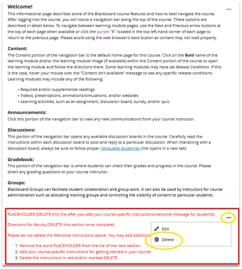Screenshot showing how to delete information from the Blackboard Ultra Template