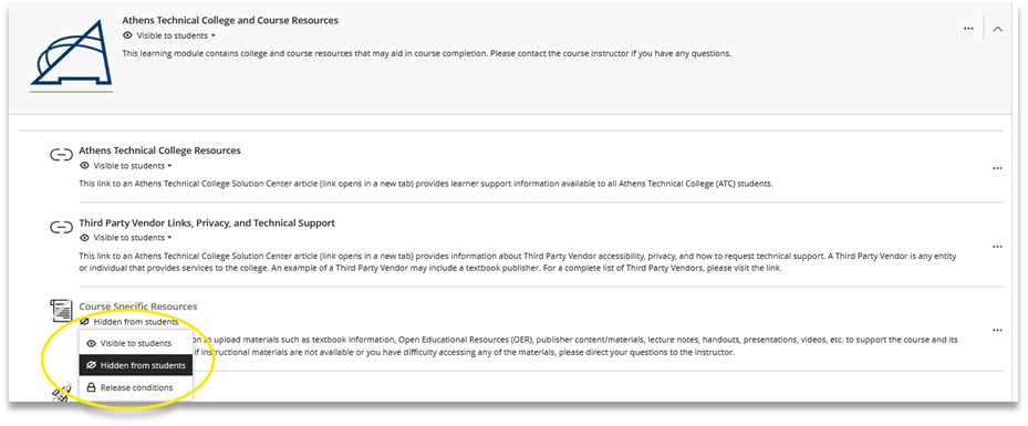 Screenshot showing how to make an item visible to students in the Blackboard Ultra Template