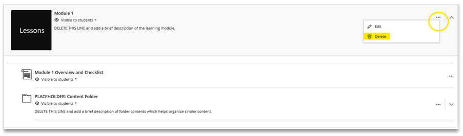 Screenshot showing how to delete a Learning Module from the Blackboard Ultra Template