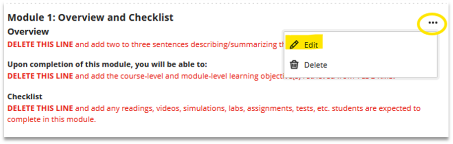 Screenshot showing Module 1 Overview and Checklist in the Blackboard Ultra Template
