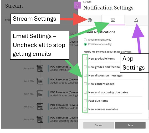 Screenshot showing Blackboard Notification Settings