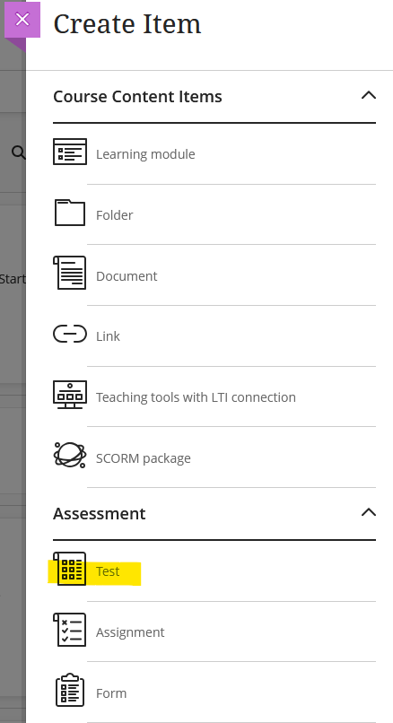 Screenshot showing Blackboard Ultra Create Item's menu option.
