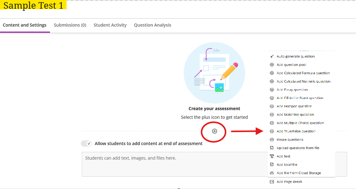 Screenshot showing Blackboard Ultra test creator. 