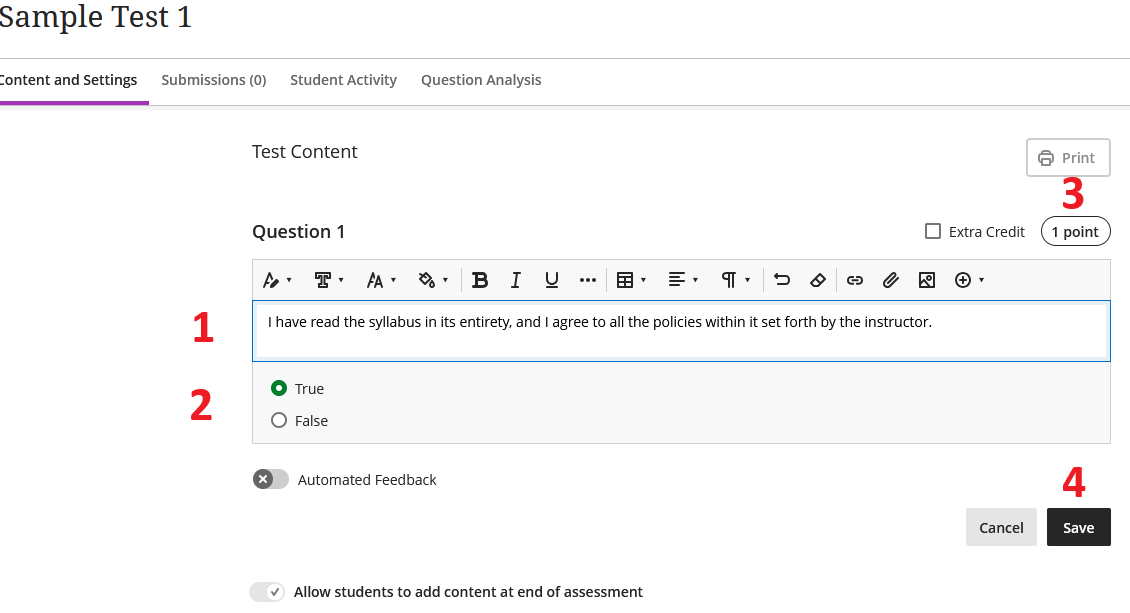Screenshot showing example of True/False test in Blackboard Ultra. 