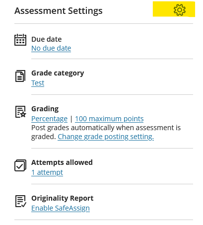 Screenshot showing Blackboard Ultra Test Settings option. 