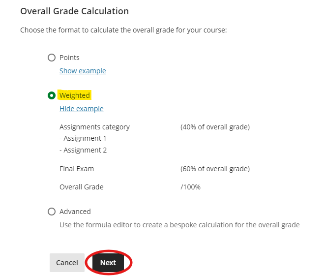 Screenshot of the Blackboard Ultra Gradebook Overall Grade Calculation.