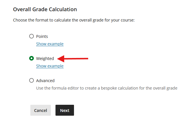 Screenshot of the Blackboard Ultra Gradebook Overall Grade Calculation with an arrow pointing to the Weighted option.