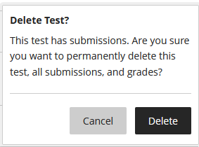 Screenshot showing the Blackboard Ultra Gradebook item delete warning message. 