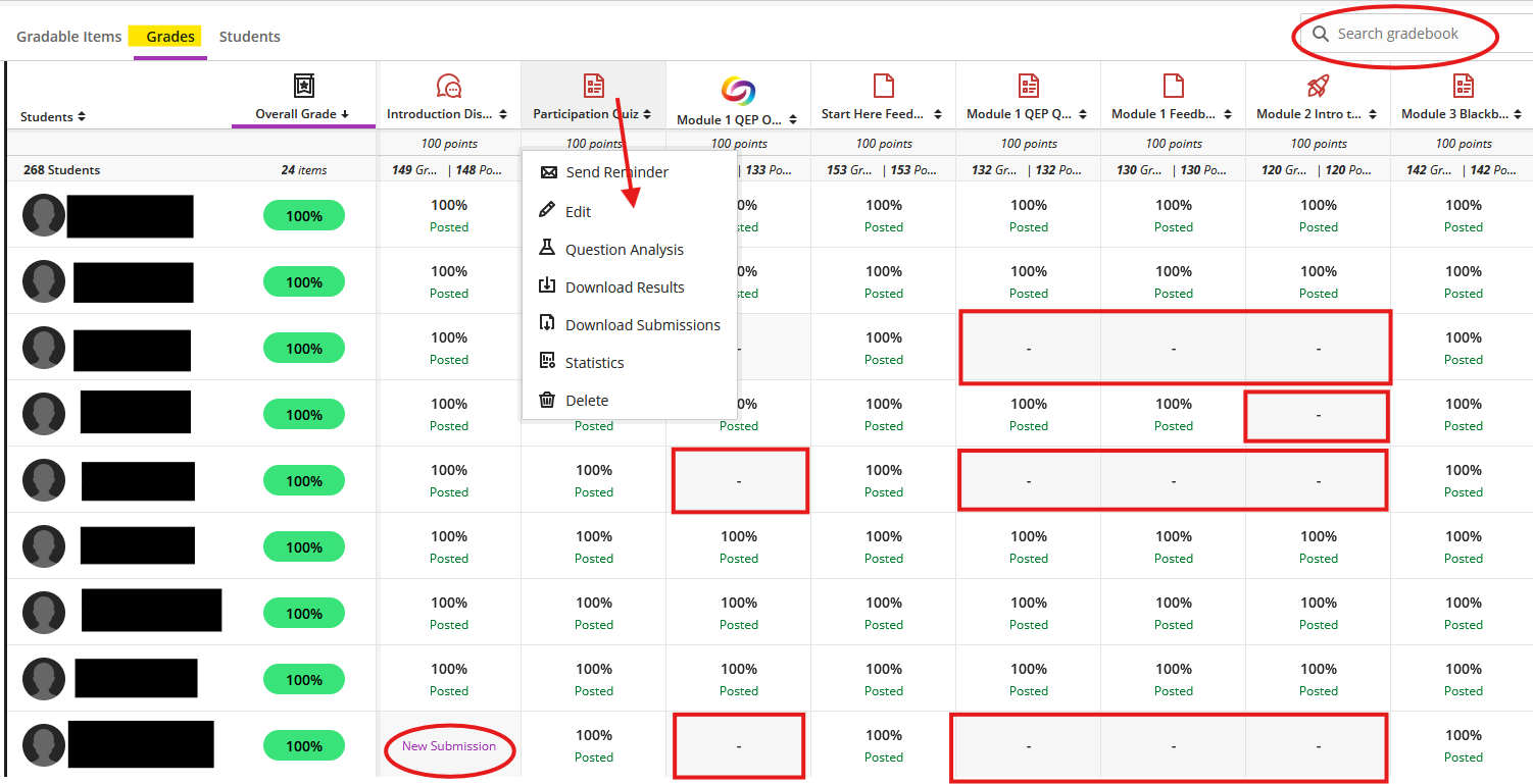 Screenshot showing the Grades view from the Blackboard Ultra Gradebook.