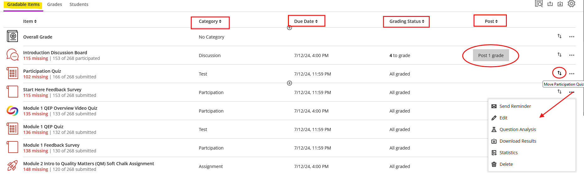 Screenshot showing the Gradable Items view from the Blackboard Ultra Gradebook.