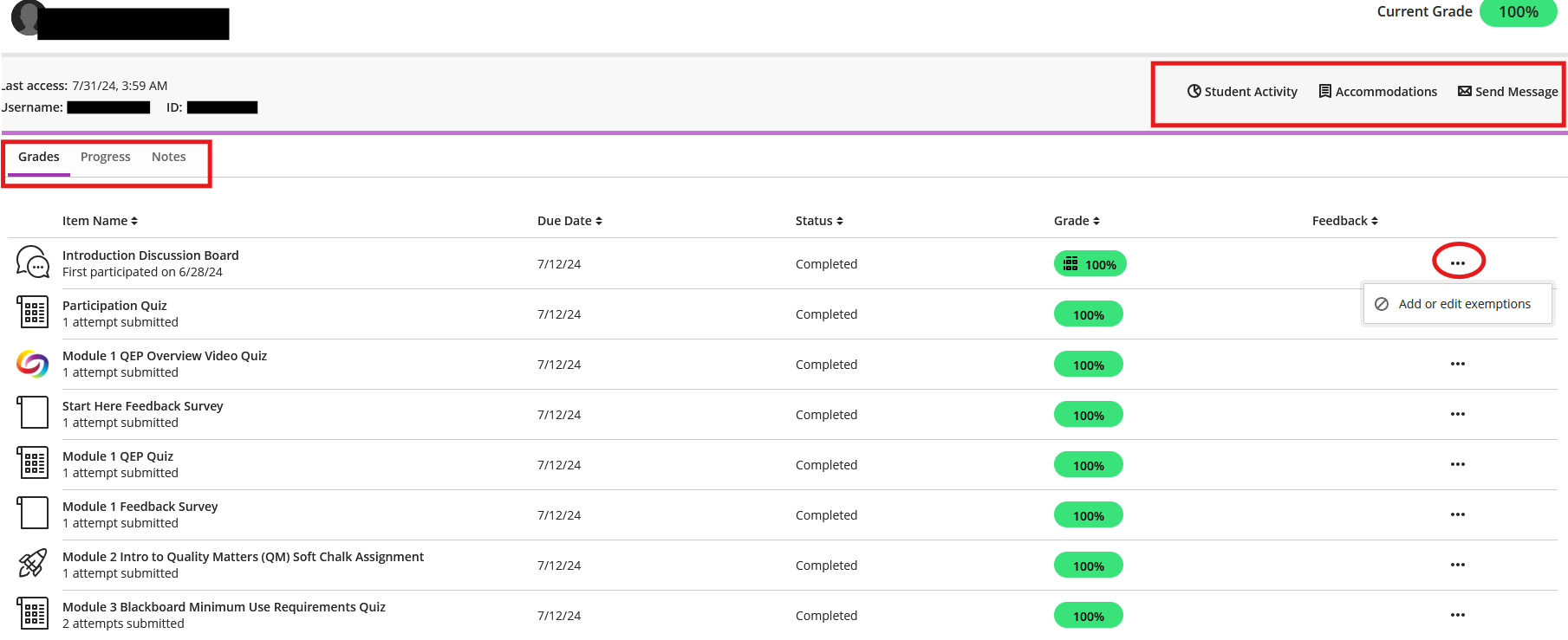 Screenshot showing a detailed student view from the Blackboard Ultra Gradebook.