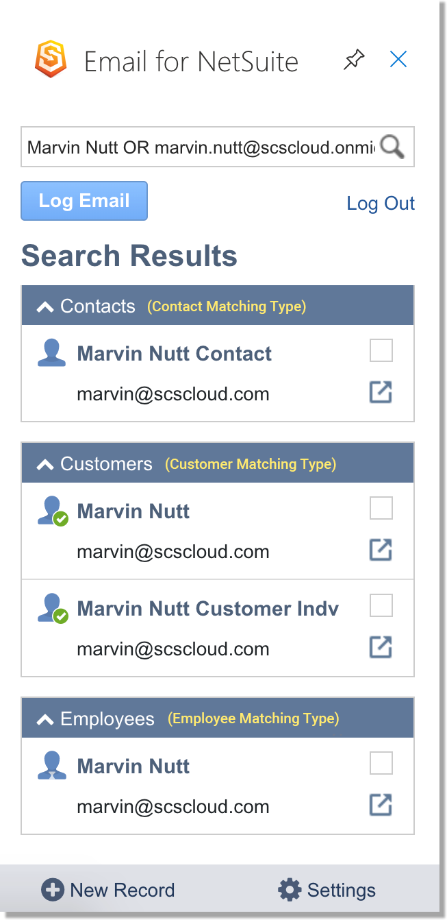 Example Matching Types displayed in the Outlook add-in
