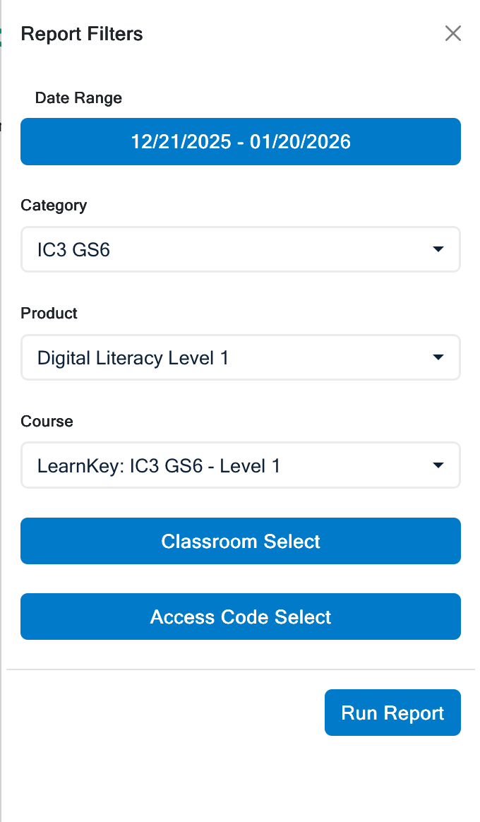 Screenshot of Reports Filter drawer.