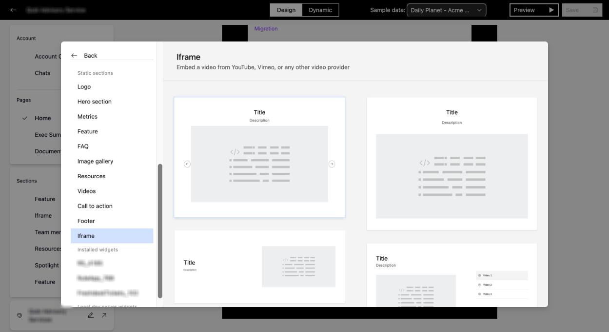 Iframe layouts in the Static sections drawer