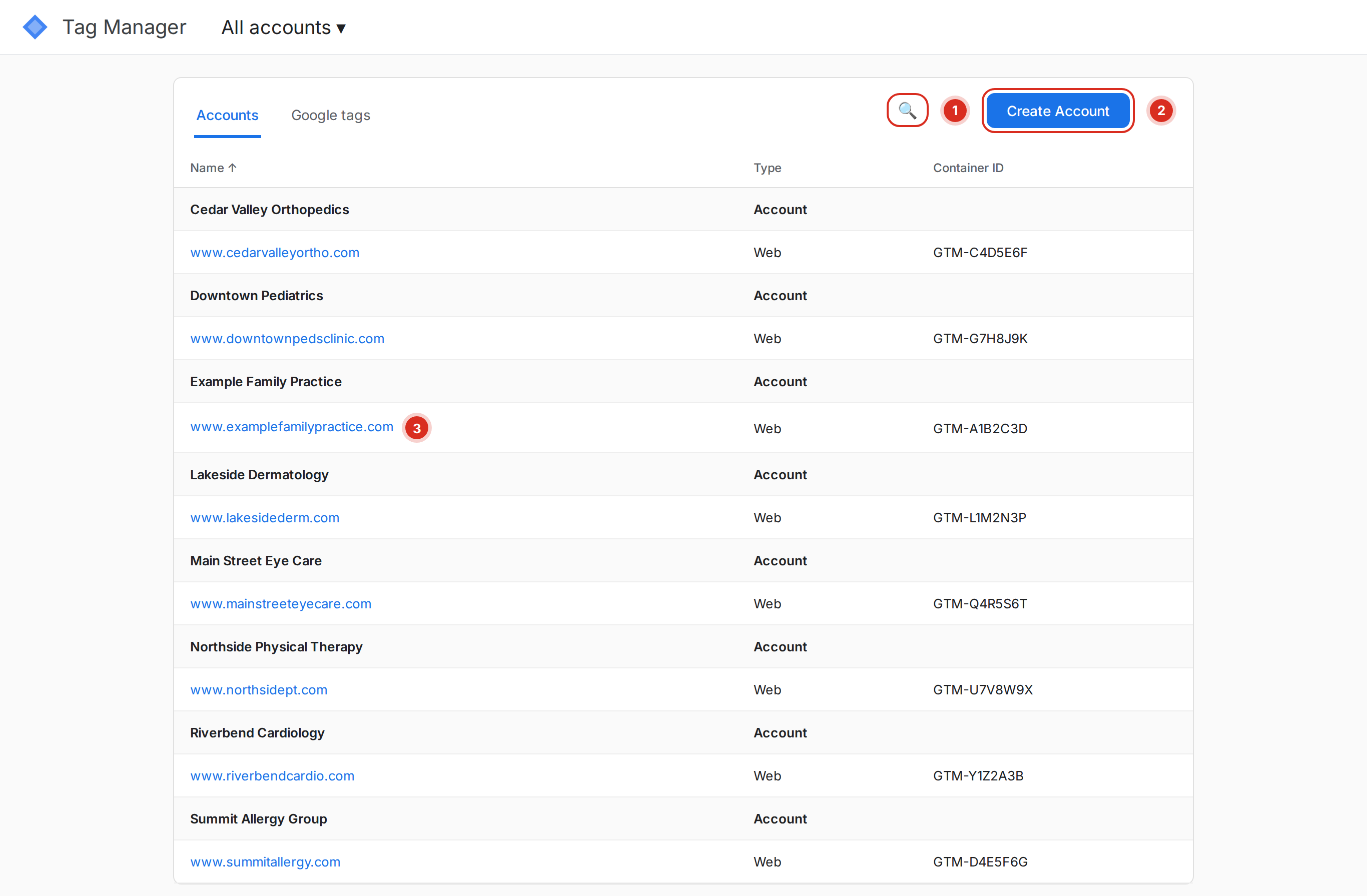 Google Tag Manager All accounts list, showing the search icon, the Create Account button, and a customer container link