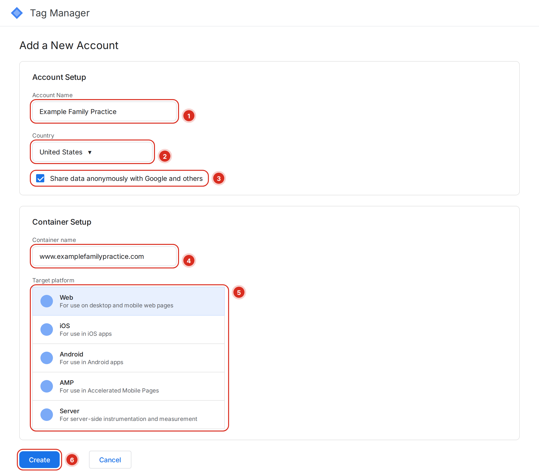 Add a New Account form with account name, country, share-data checkbox, container name, Web target platform and the Create button