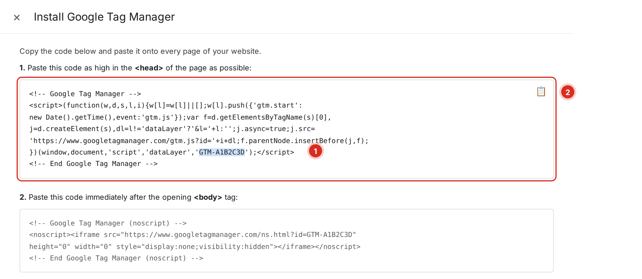 Install Google Tag Manager dialog with the GTM- container ID highlighted inside the head snippet and the copy button beside it