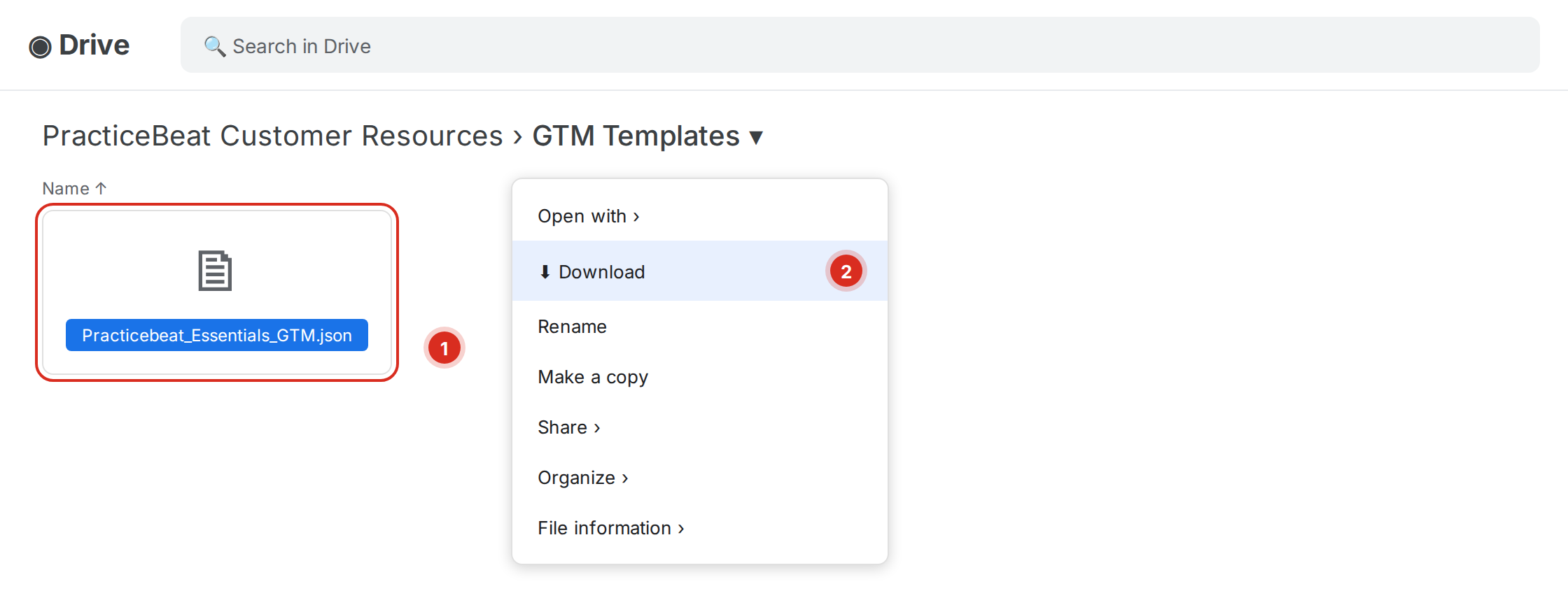 Google Drive GTM Templates folder with the Practicebeat Essentials GTM json file selected and the Download menu item