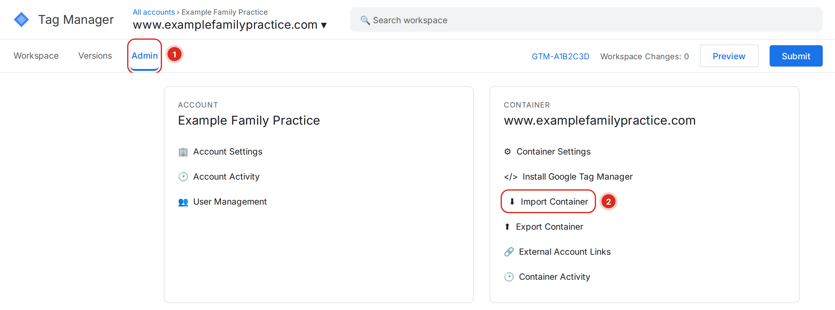 Tag Manager Admin tab showing the Account and Container columns with Import Container highlighted