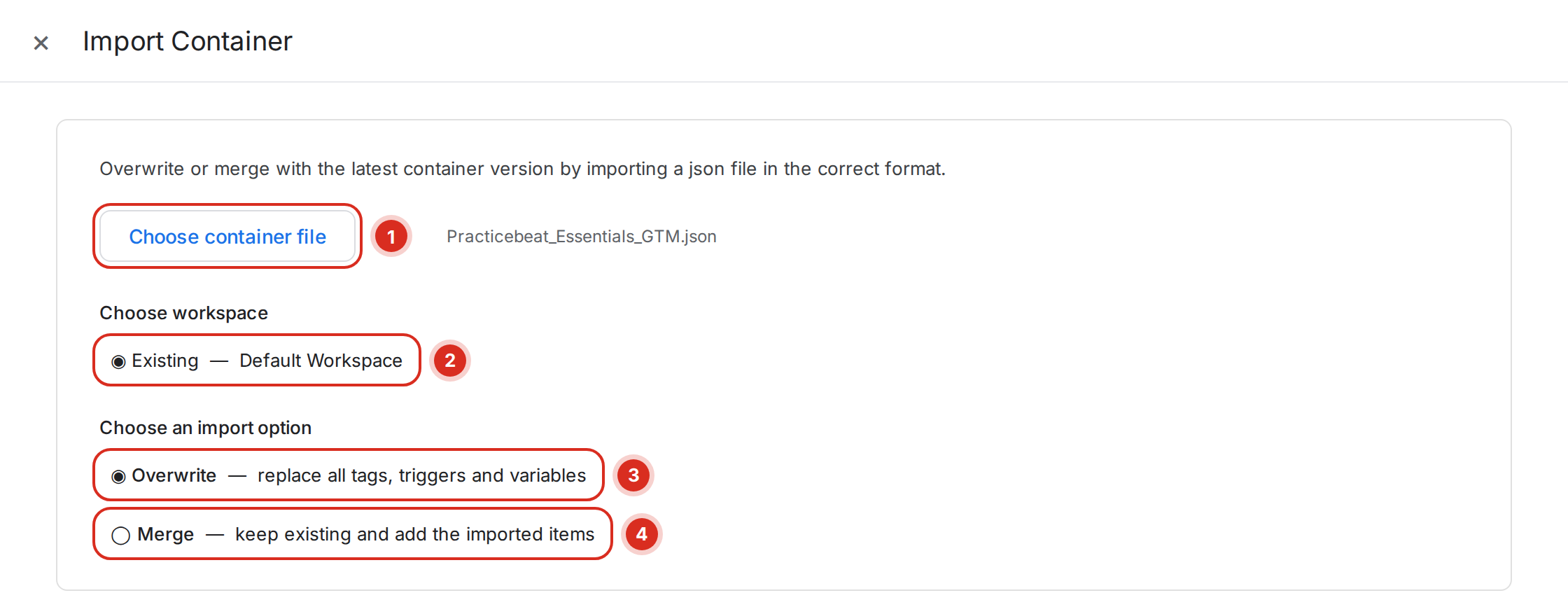 Import Container panel with Choose container file, workspace selection, and the Overwrite and Merge import options