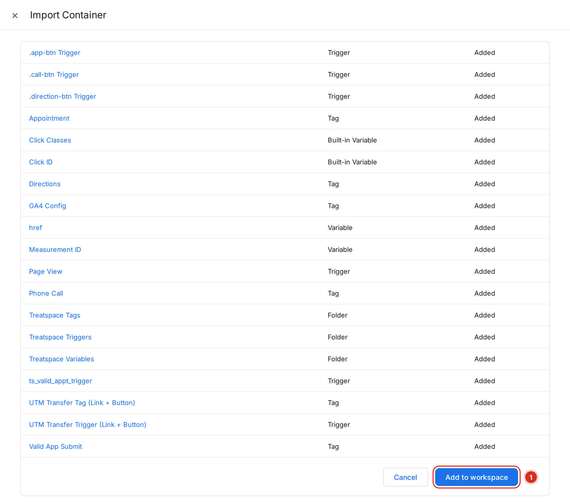 Import Container preview listing the PracticeBeat tags, triggers, variables and folders to be added, with the Add to workspace button