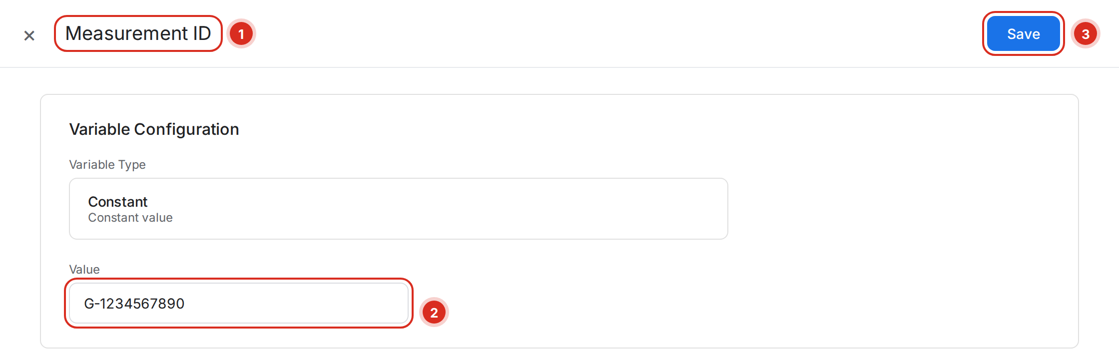 Tag Manager Measurement ID constant variable with the G- value pasted in and the Save button