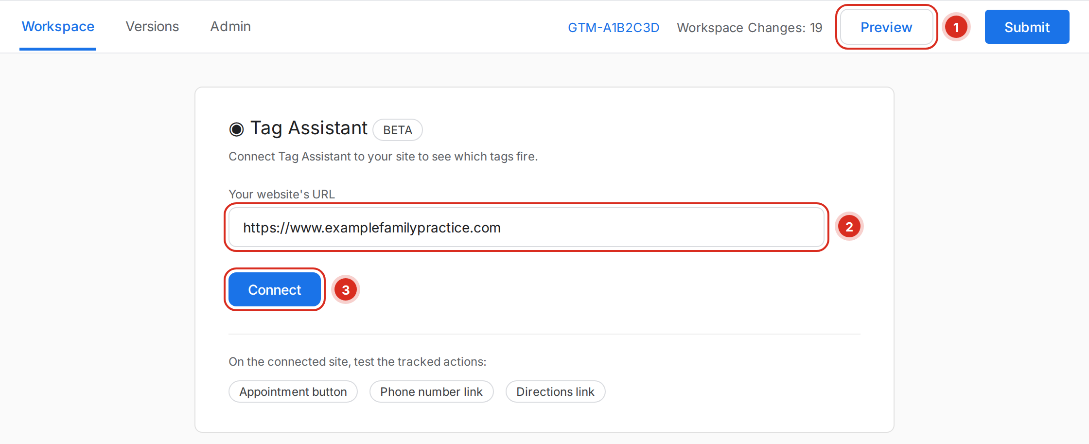 Tag Manager Preview button and the Tag Assistant connect screen with the site URL and Connect button