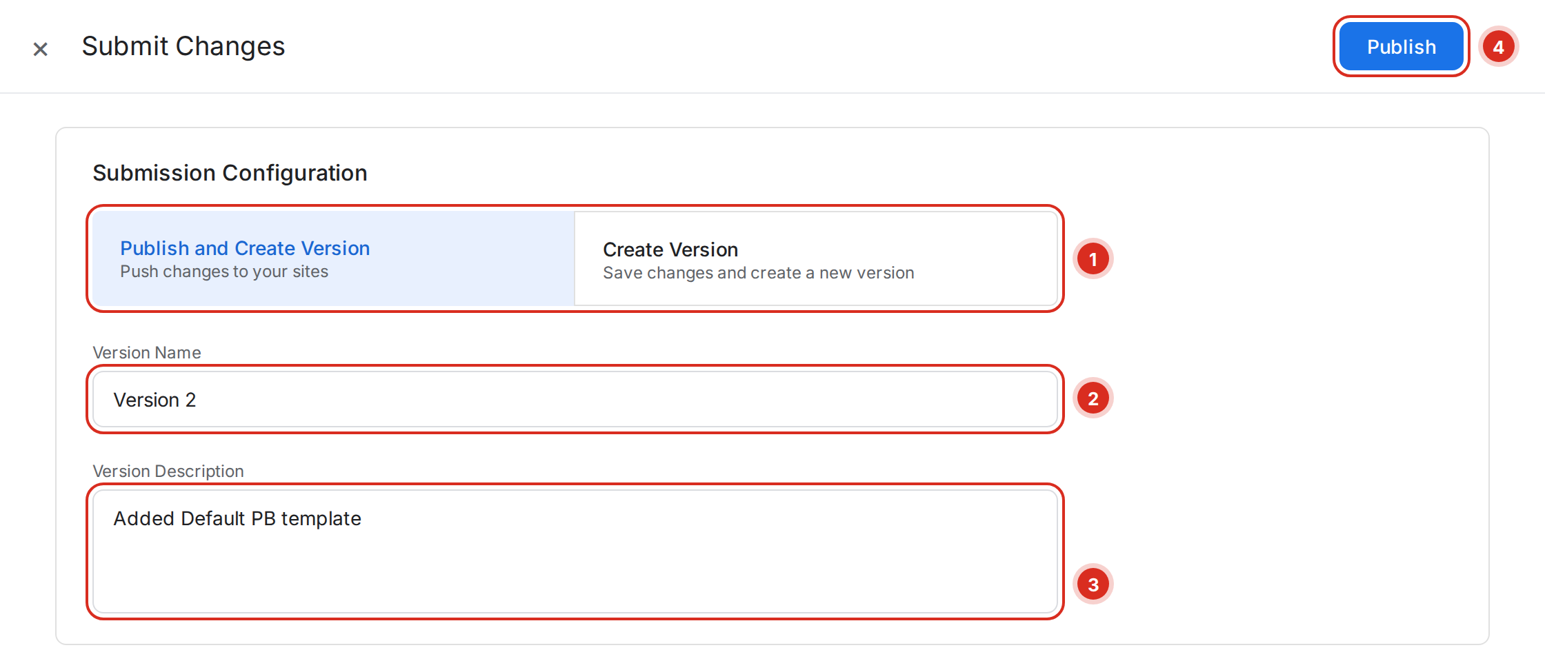 Submit Changes screen with Publish and Create Version selected, version name and description filled in, and the Publish button