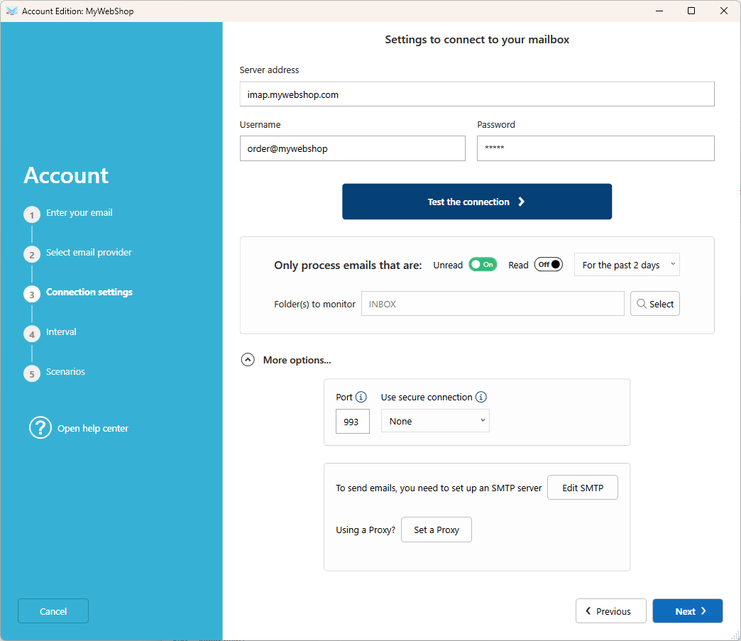 Settings to connect with IMAP, POP, O365, Gmail, Exchange