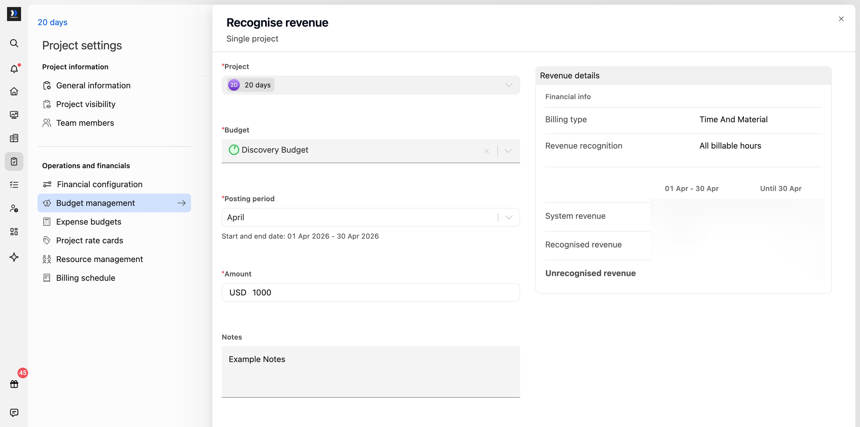 Recognise revenue drawer with project, budget, posting period, amount and notes