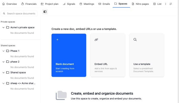 Spaces tab with private and shared spaces in the left panel