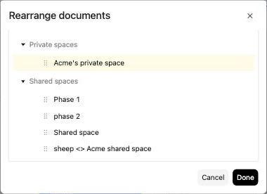 Rearrange documents window with private and shared spaces