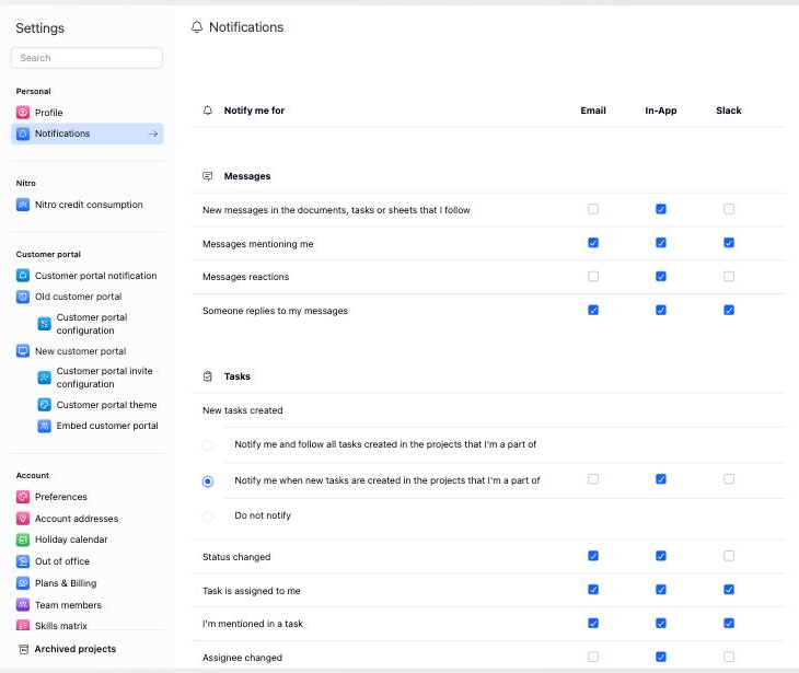 Notification settings with Email, In-App and Slack columns