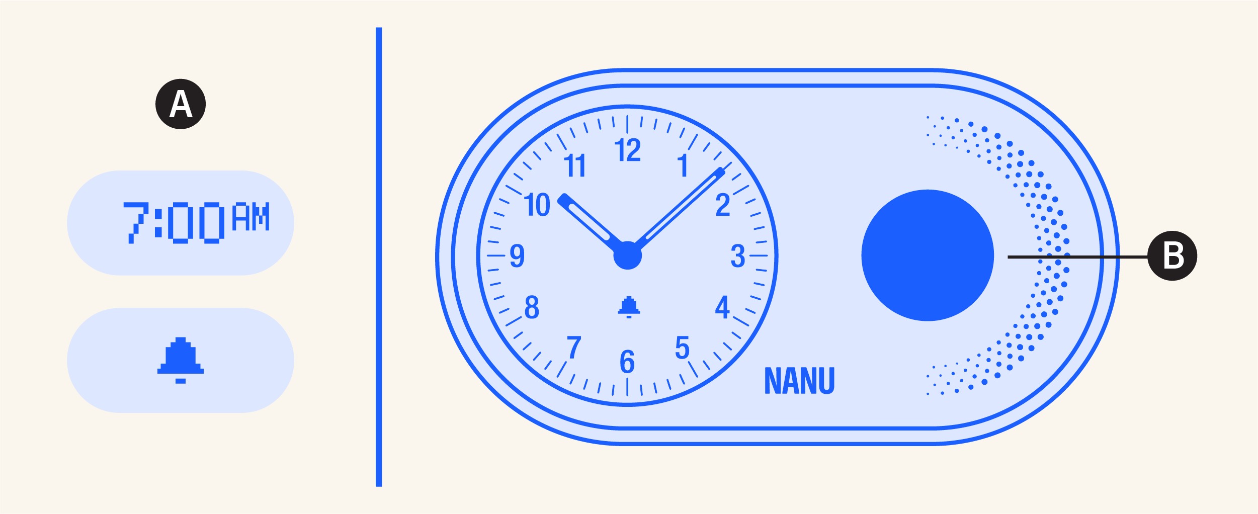 Alarm knob is the large knob on the front of the clock